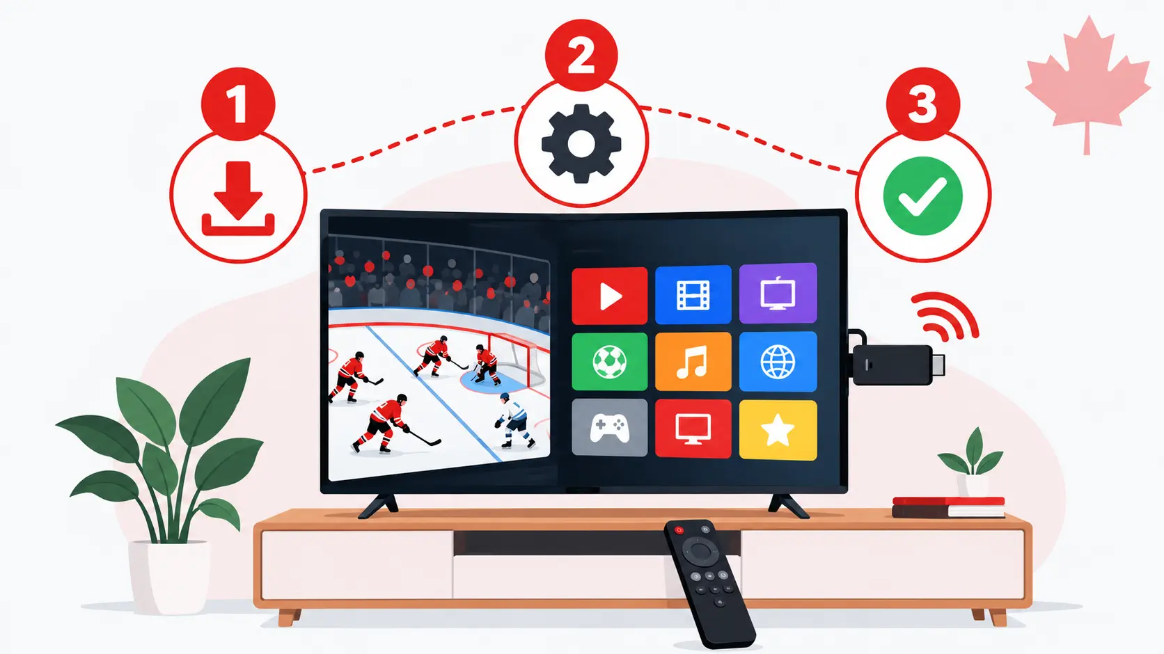 Install IPTV on Firestick: flat illustration of a TV with a streaming stick and three numbered setup steps