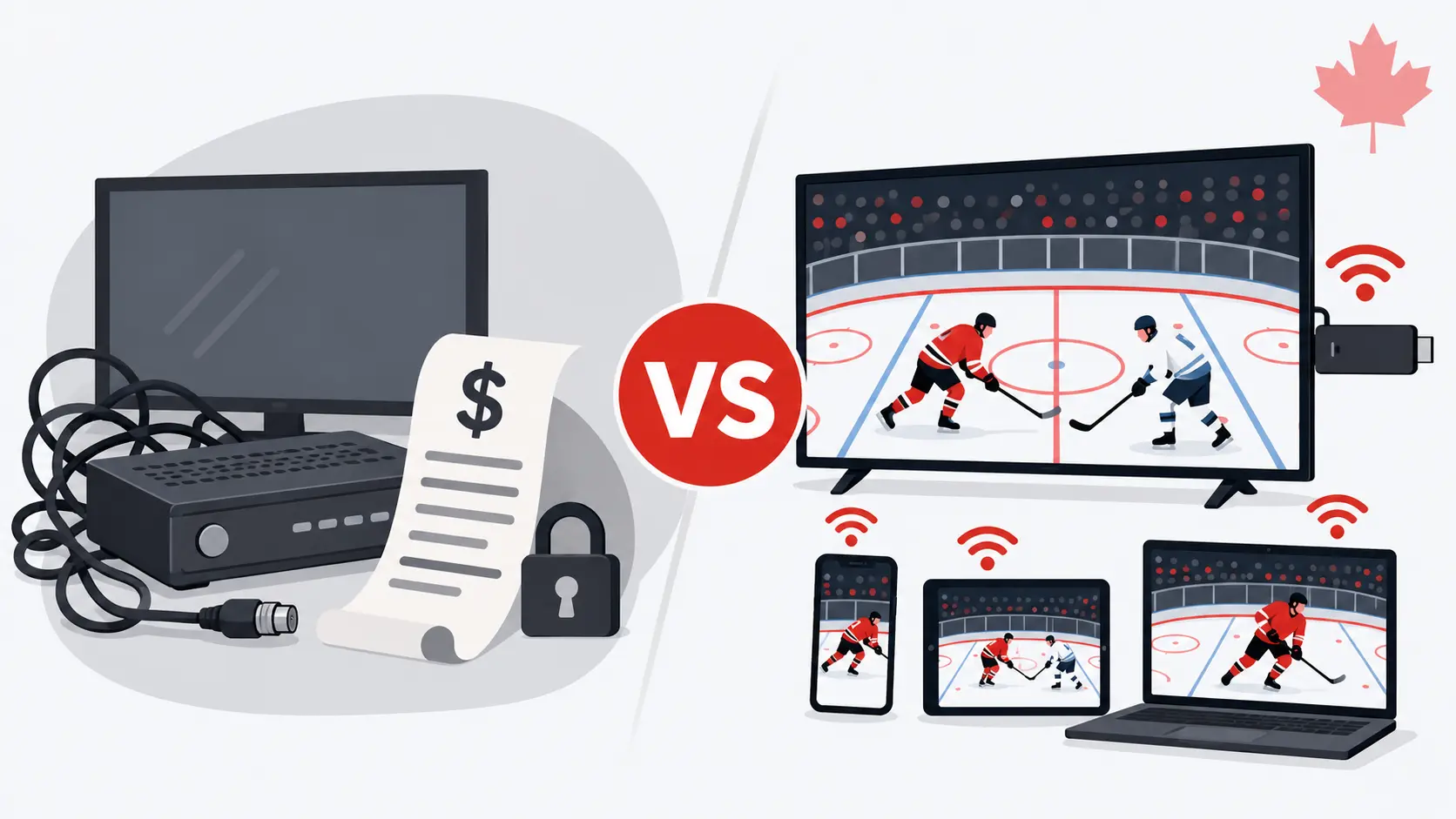 IPTV vs cable in Canada: flat illustration comparing a cable TV box and bill with a smart TV streaming on several devices